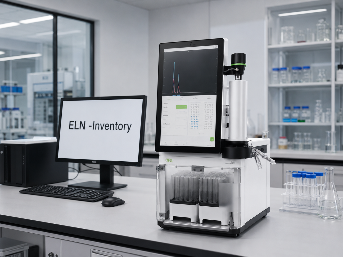 Lab bench with the chromatography instrument and a PC running the inventory system